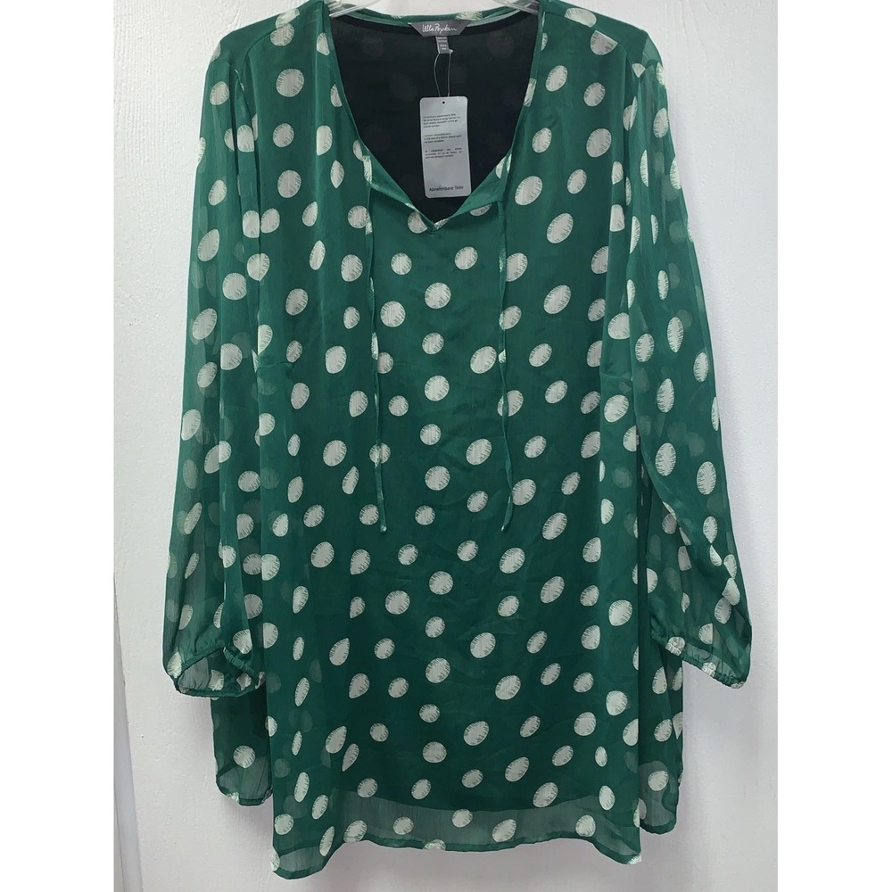 NWT ULLA POPKEN 2 pc Pullover Sheer Blouse Women Plus Size 2x Green Polka Dot LS